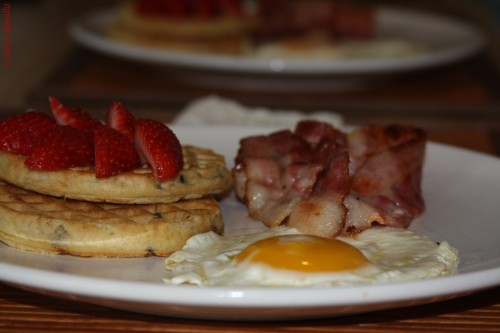 waffles, bacon and egg